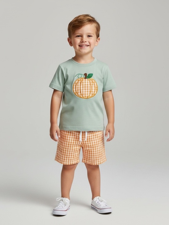 Other - 💐 Pumpkin Applique Shorts Set in Sage Green & Orange Gingham NWT